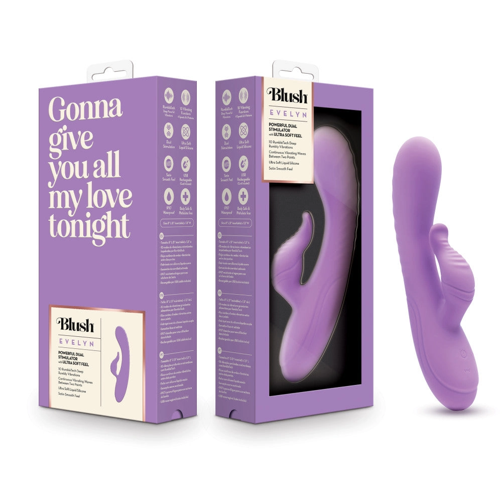 Blush Evelyn 8 Inch Rabbit With Dual Vibration Points In Purple -  10 Powerful RumboTech™ Modes Made With Ultra-Soft Liquid Silicone.
