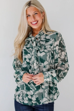 FINAL SALE - Convincing Choice Hunter Green Floral Blouse