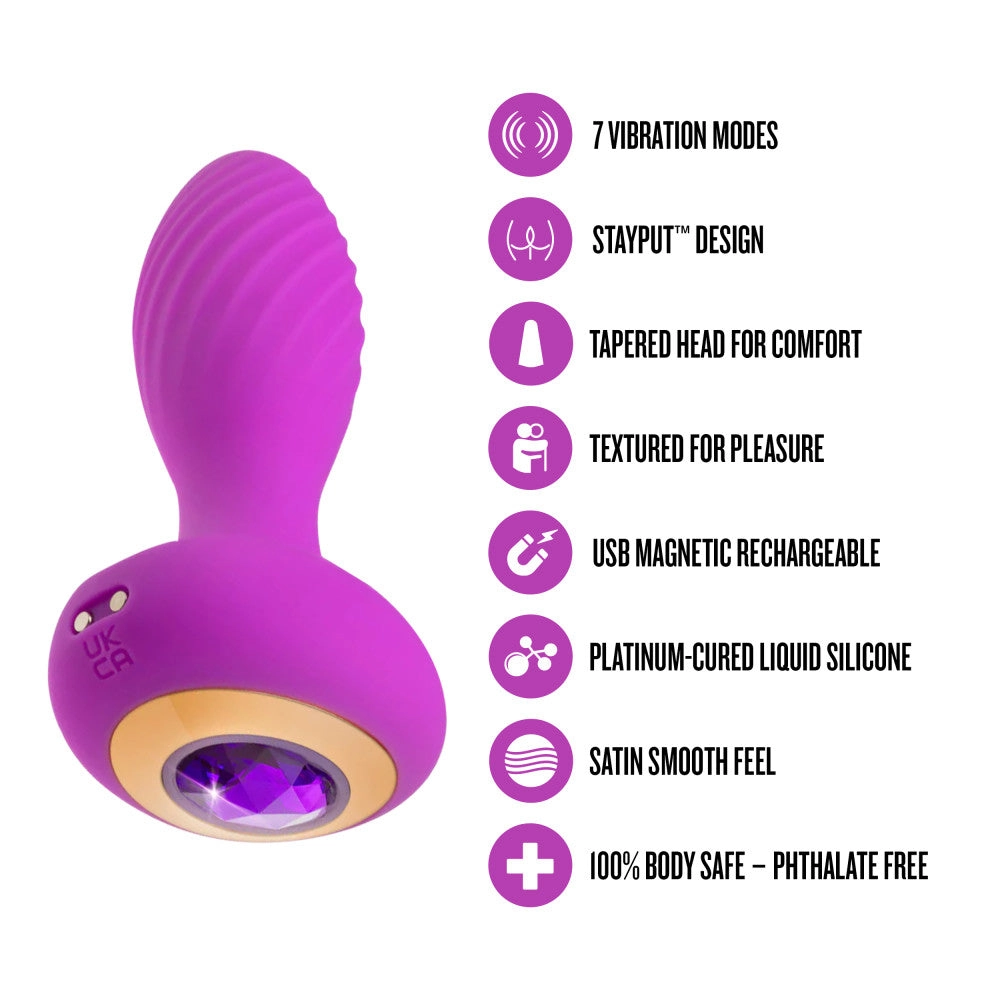 Oh My Gem By Blush® | Charm 4.5 Inch Vibrating Anal Plug Massager With Stayput™ Design & Amethyst Gem Base – In Purple
